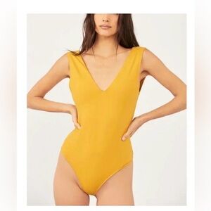 Free People NWT Keep It Sleek Wide Strap Bodysuit in Robin Mustard Size XS